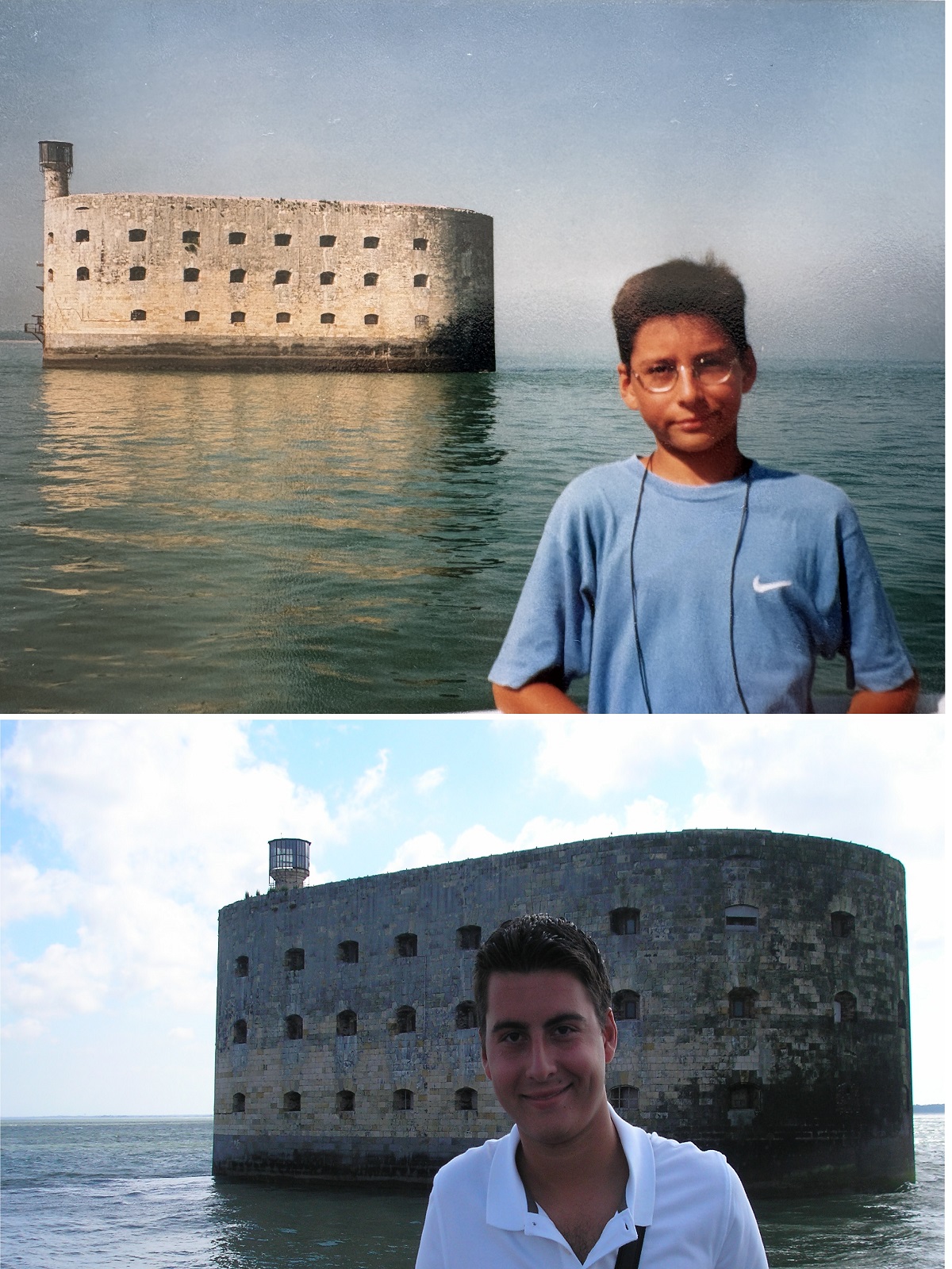 En haut : août 2001. Quatre ans après ma première photo au pied du fort, le brise-lames sur la face Nord a totalement disparu, rongé par l'érosion. En bas : août 2007, j'ai vingt ans. En haut : août 2001. Quatre ans après ma première photo au pied du fort, le brise-lames sur la face Nord a totalement disparu, rongé par l'érosion. En bas : août 2007, j'ai vingt ans.
